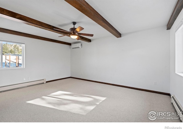 871 E Ln, Estes Park, CO 80517 - carpeted empty room with an AC wall unit, beamed ceiling, a baseboard heating unit, ceiling fan, and baseboards