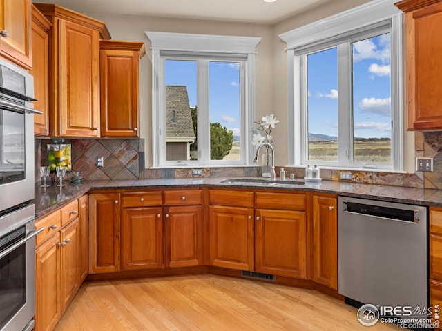 kitchen featuring a sink, brown cabinets, and stainless steel dishwasher