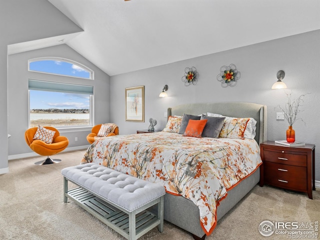 bedroom with lofted ceiling, baseboards, and carpet floors