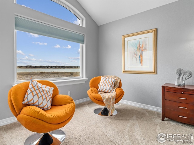 living area with a healthy amount of sunlight, baseboards, lofted ceiling, and carpet floors