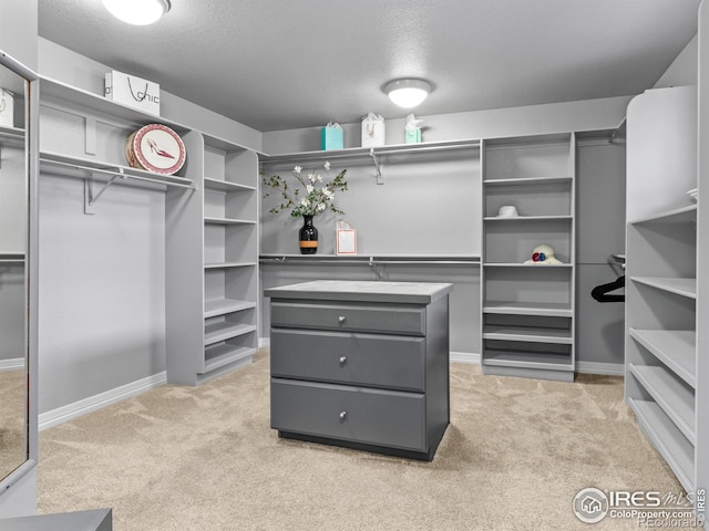 spacious closet featuring light carpet