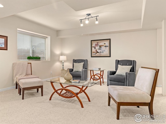 living area with baseboards and carpet floors