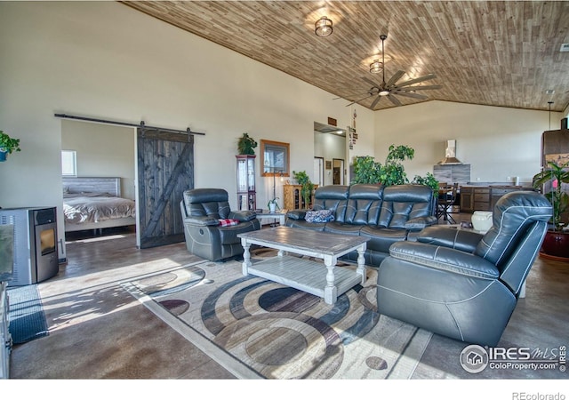 living area with high vaulted ceiling, a ceiling fan, a barn door, wooden ceiling, and concrete flooring