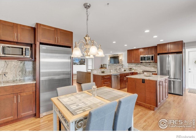 kitchen featuring stainless steel appliances, backsplash, a peninsula, and light wood-style flooring