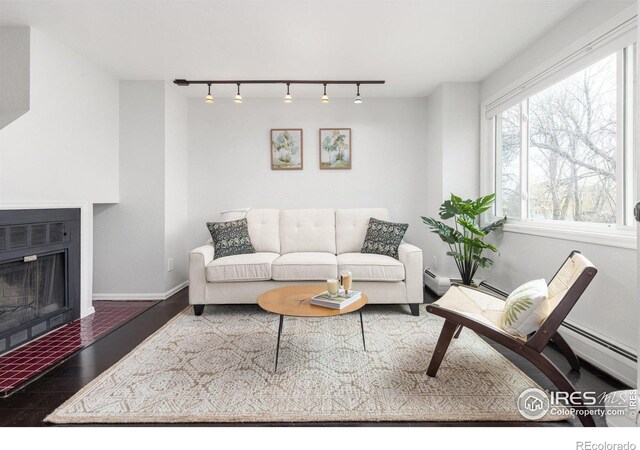 living room featuring a fireplace, wood finished floors, and baseboards