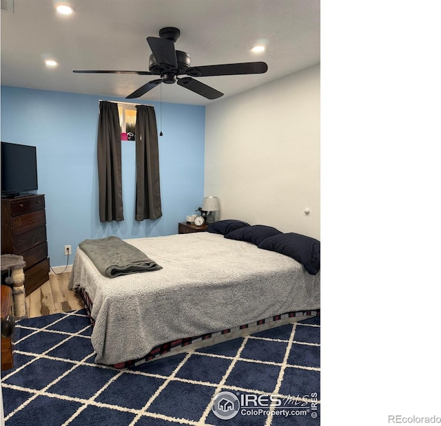 bedroom with recessed lighting, wood finished floors, and ceiling fan