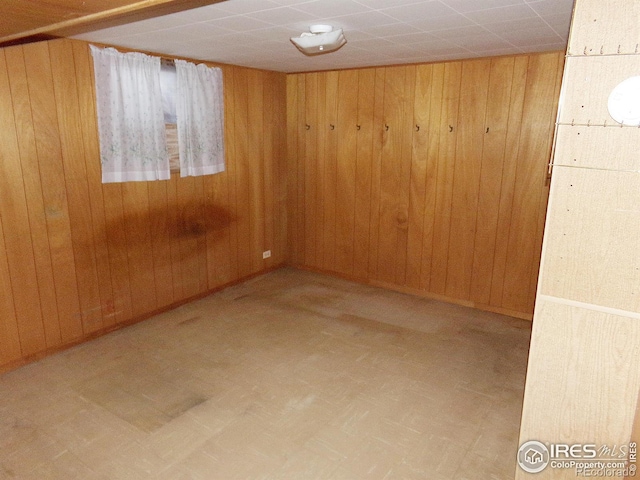 finished basement featuring wooden walls