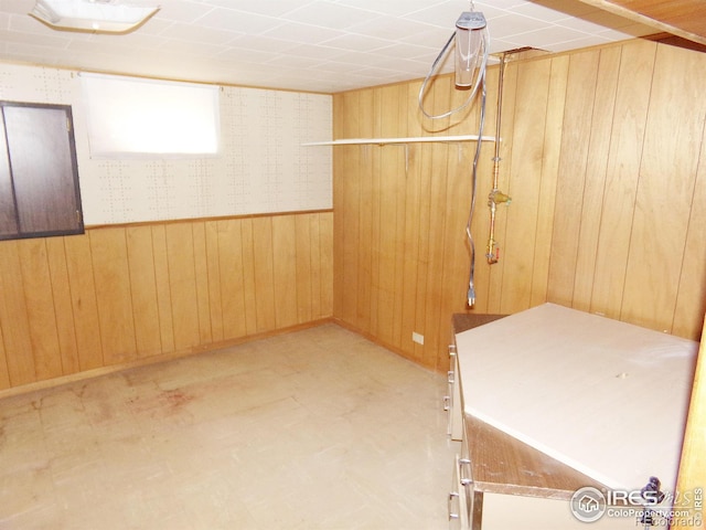 below grade area featuring wooden walls and a wainscoted wall