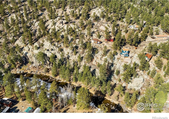 224 Loveland Heights Ln, Drake, CO 80515 - birds eye view of property featuring a wooded view