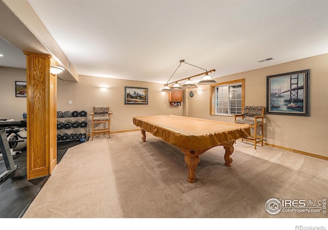 recreation room with pool table, carpet, visible vents, and baseboards