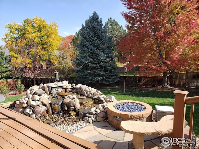 view of patio / terrace featuring a fenced backyard and an outdoor fire pit