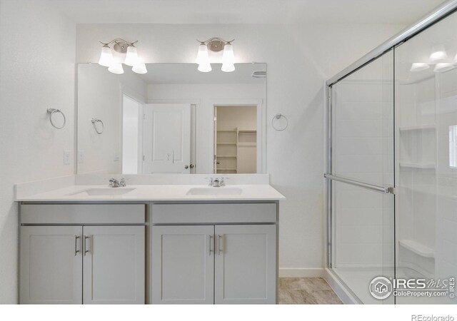 bathroom featuring double vanity, a shower stall, a spacious closet, and a sink