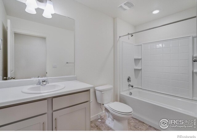 full bath featuring vanity, toilet, visible vents, and shower / bath combination