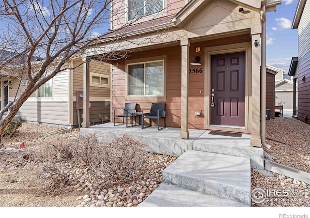 view of exterior entry with a porch