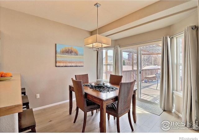 dining area featuring light wood-style floors and baseboards