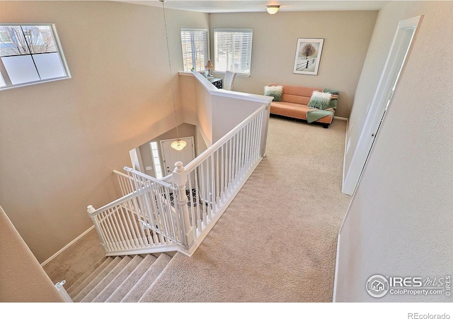 stairs featuring baseboards and carpet