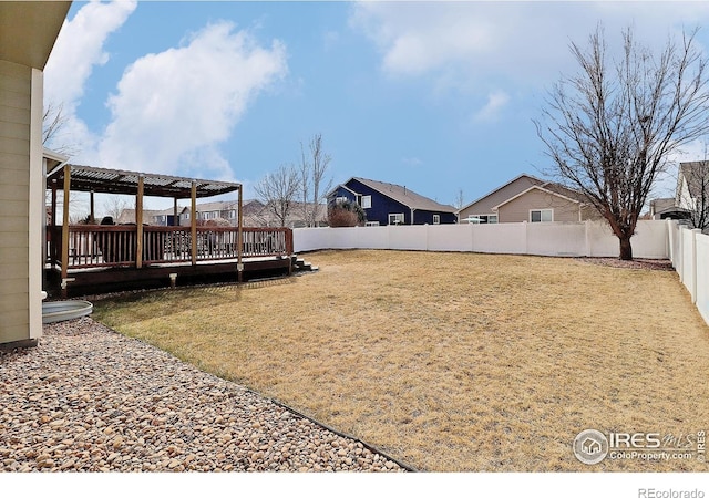 view of yard with a deck and a fenced backyard