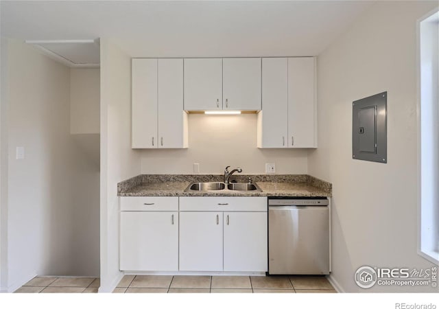 kitchen with electric panel, a sink, white cabinets, and stainless steel dishwasher