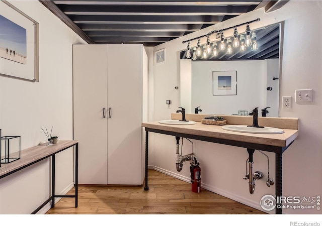 bathroom with wood finished floors and a sink