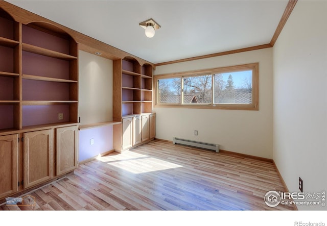 spare room with a baseboard radiator, baseboards, light wood-style flooring, and ornamental molding