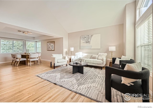 living area with wood finished floors, baseboards, and high vaulted ceiling