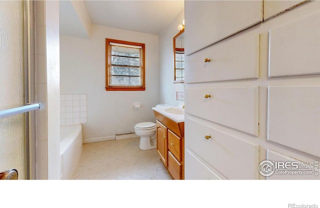 bathroom featuring vanity, baseboards, walk in shower, toilet, and a washtub