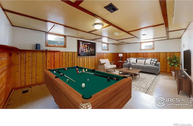 game room featuring visible vents, pool table, wood walls, and wainscoting