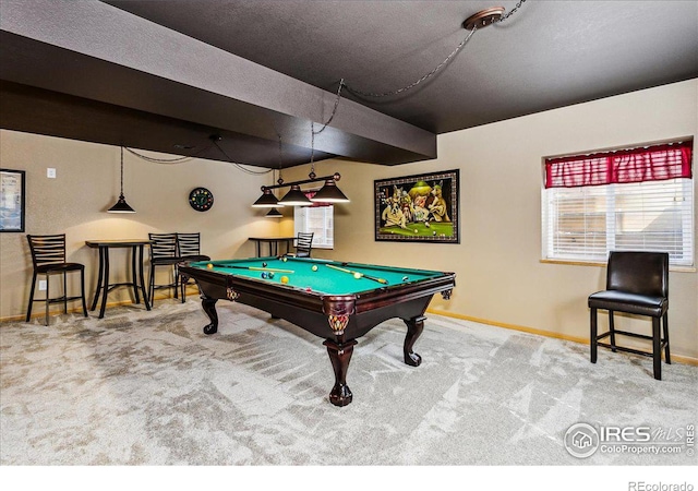 game room featuring billiards, carpet, baseboards, and a textured ceiling