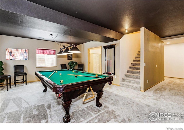 recreation room with billiards, carpet flooring, and baseboards