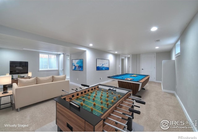 game room with light carpet, visible vents, recessed lighting, and baseboards