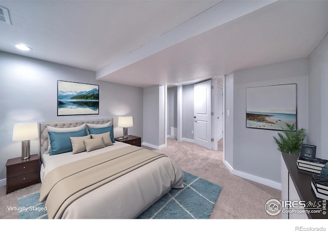 bedroom with recessed lighting, baseboards, carpet floors, and visible vents