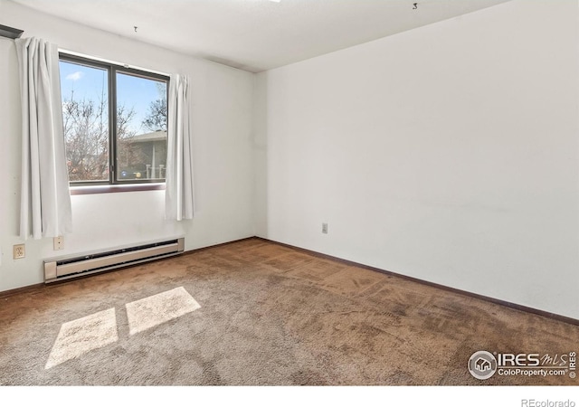 unfurnished room with baseboards, carpet, and a baseboard radiator