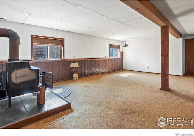 basement with carpet, wainscoting, and wooden walls