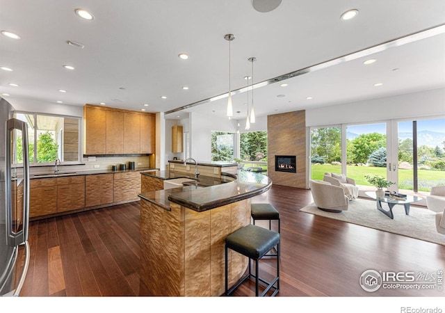 kitchen featuring stainless steel refrigerator, dark wood-style floors, open floor plan, and a sink