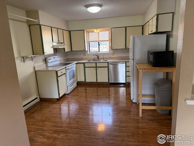 kitchen featuring black microwave, under cabinet range hood, dishwasher, white range with electric stovetop, and a baseboard radiator