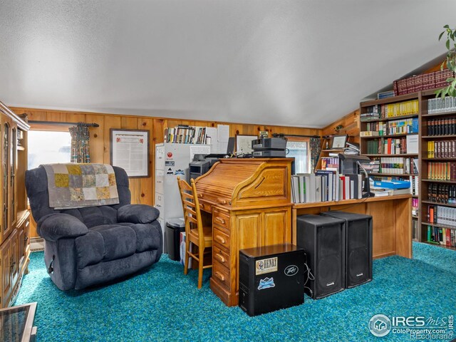177 Bill Waite Rd, Allenspark, CO 80510 - home office with carpet floors, wooden walls, and vaulted ceiling