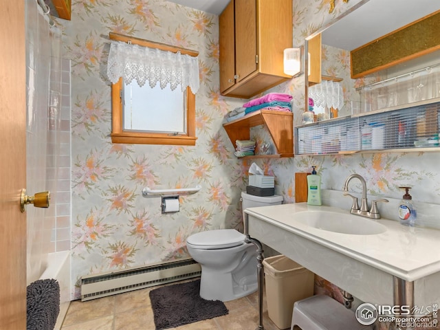 177 Bill Waite Rd, Allenspark, CO 80510 - full bathroom featuring a baseboard heating unit, toilet, tile patterned flooring, wallpapered walls, and vanity