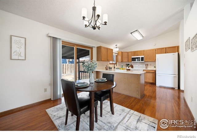 dining space featuring baseboards, dark wood-style flooring, vaulted ceiling, a textured ceiling, and a notable chandelier