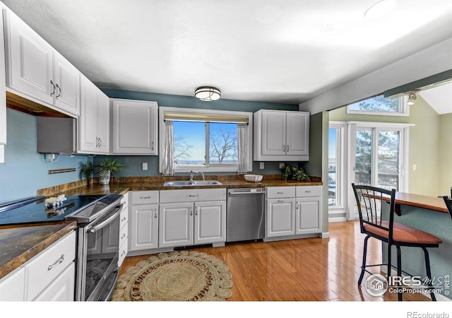 kitchen featuring dark countertops, light wood-style flooring, appliances with stainless steel finishes, and a sink