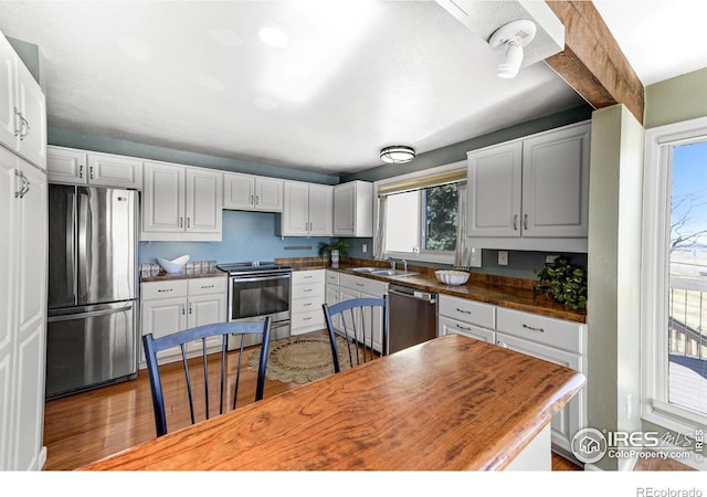 kitchen featuring a sink, appliances with stainless steel finishes, wood finished floors, and white cabinetry