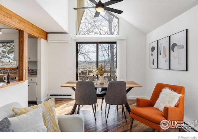 dining area with a baseboard heating unit, baseboards, ceiling fan, a wall mounted air conditioner, and wood finished floors