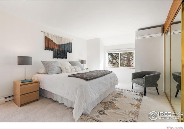 bedroom featuring light colored carpet, a wall mounted AC, and a baseboard radiator