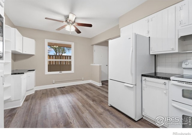 kitchen with under cabinet range hood, decorative backsplash, white appliances, white cabinetry, and open shelves