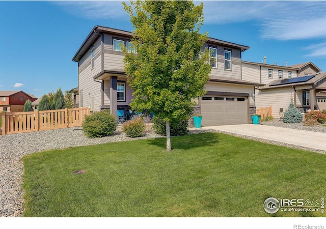 view of front of property with a garage, concrete driveway, a front lawn, and fence