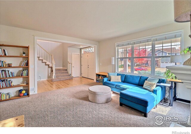 living area featuring stairway, wood finished floors, and carpet floors