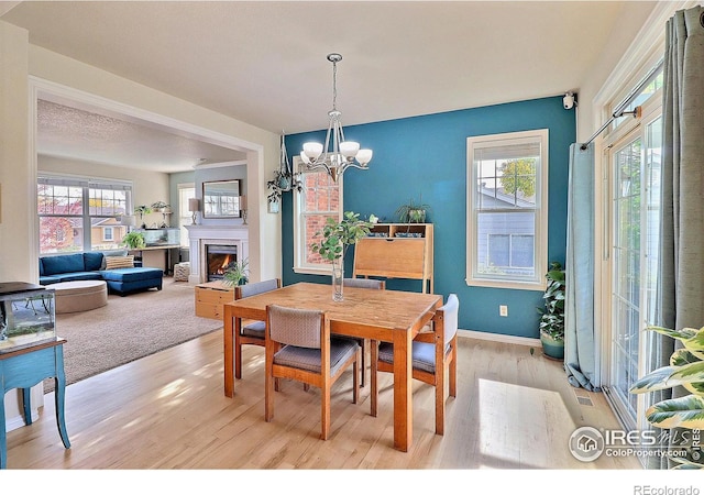 dining room featuring a wealth of natural light, a chandelier, light wood finished floors, and a warm lit fireplace