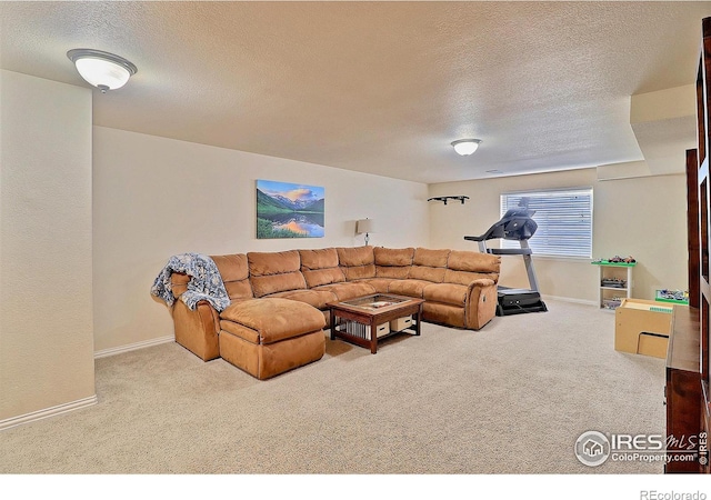 carpeted living area with baseboards and a textured ceiling