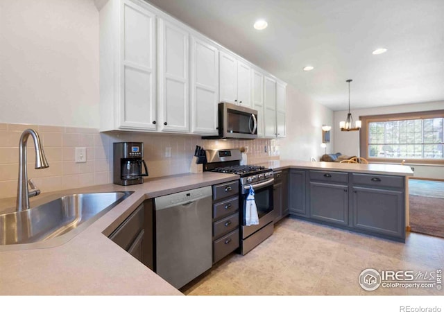 kitchen with a sink, backsplash, white cabinetry, appliances with stainless steel finishes, and a peninsula