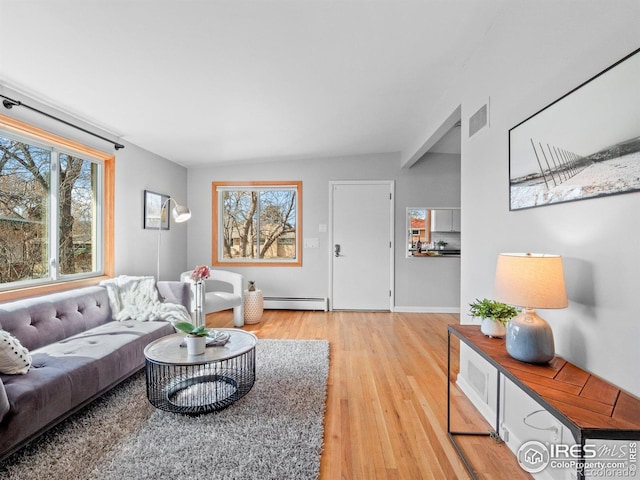 living room with light wood-type flooring, visible vents, and baseboard heating