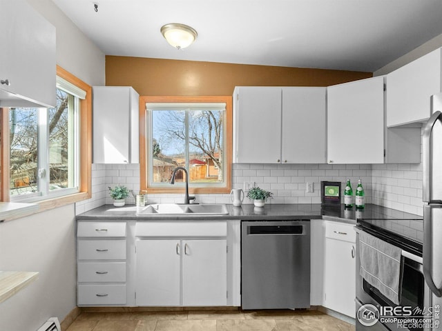 kitchen featuring a sink, backsplash, appliances with stainless steel finishes, and white cabinetry